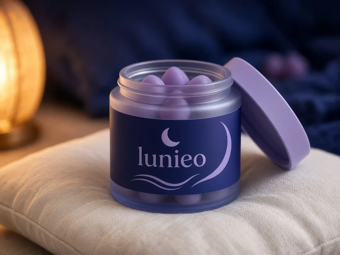 Sleep Gummies by Lunieo, styled on a moonlit nightstand